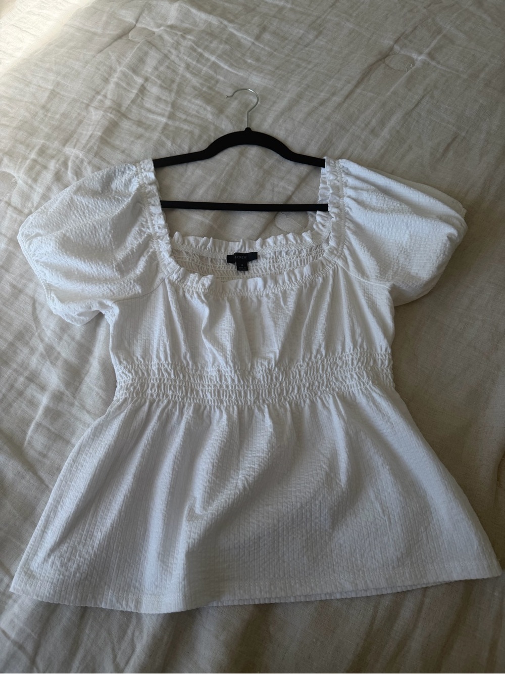 J. Crew White Puff-Sleeve Smocked Waist Top